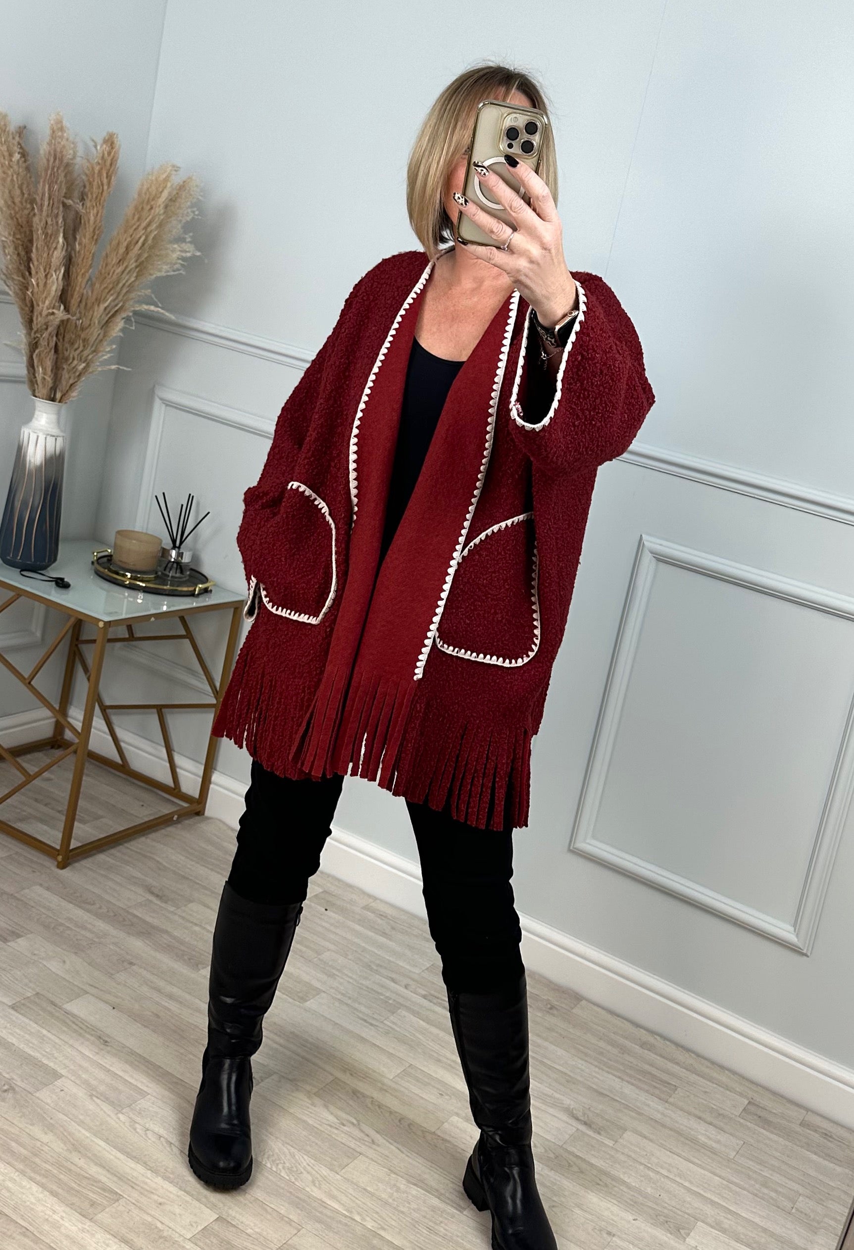 Caterina Boucle Tassel Contrast Coatigan Jacket  Berry - Susie's Boutique