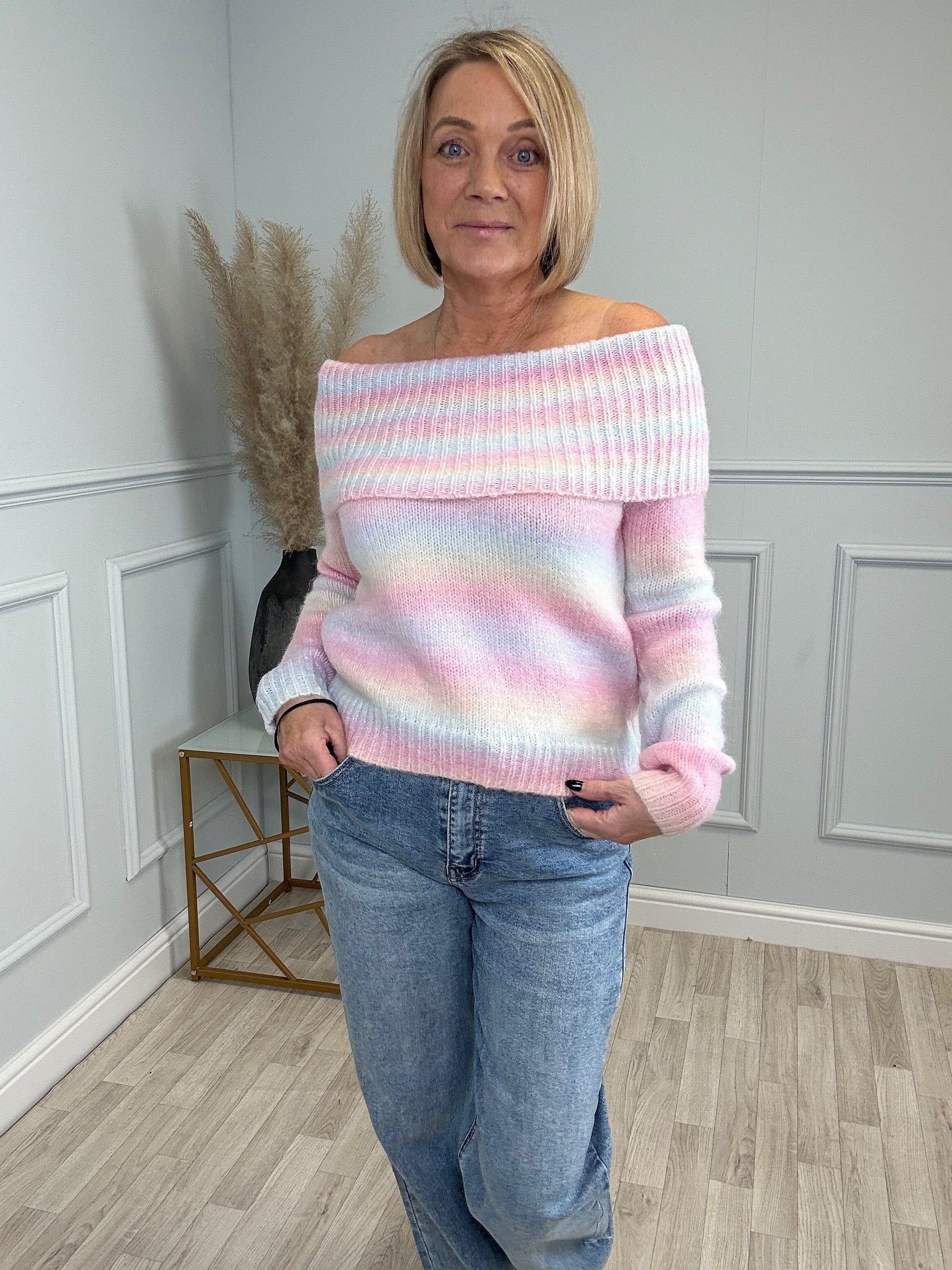 Bella Rainbow Knit Off-Shoulder Sweater 8-16