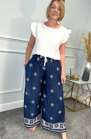 Danica Boho Border Print Wide Leg Trousers 8-16 Navy - Susie's Boutique