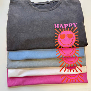 The Maya Retro Boyfriend Fit 'Happy' Graphic T-Shirt - One Size (Fits 8-14) Grey