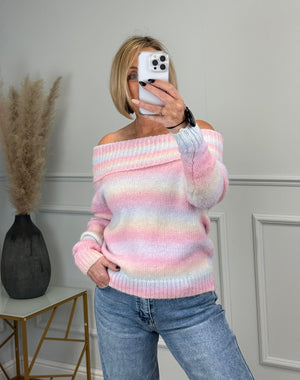 Bella Rainbow Knit Off-Shoulder Sweater 8-16