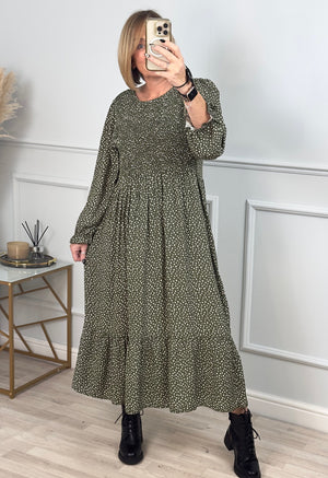 Leyla Sheered Polka Dress 10-16 Khaki - Susie's Boutique