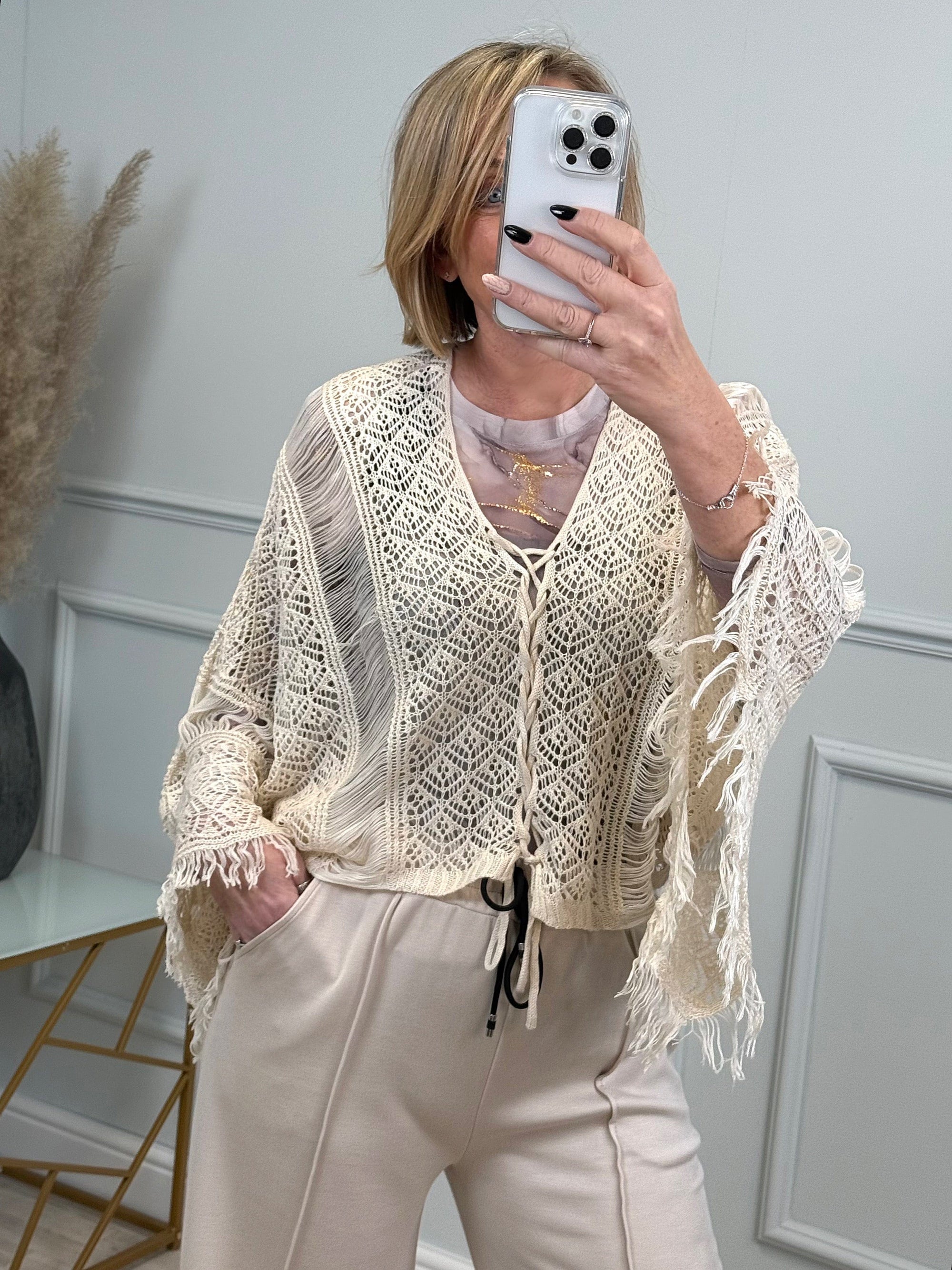 Talia Crochet Lace Top with Fringe Detail Cream