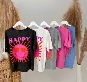 The Maya Retro Boyfriend Fit 'Happy' Graphic T-Shirt - One Size (Fits 8-14) White