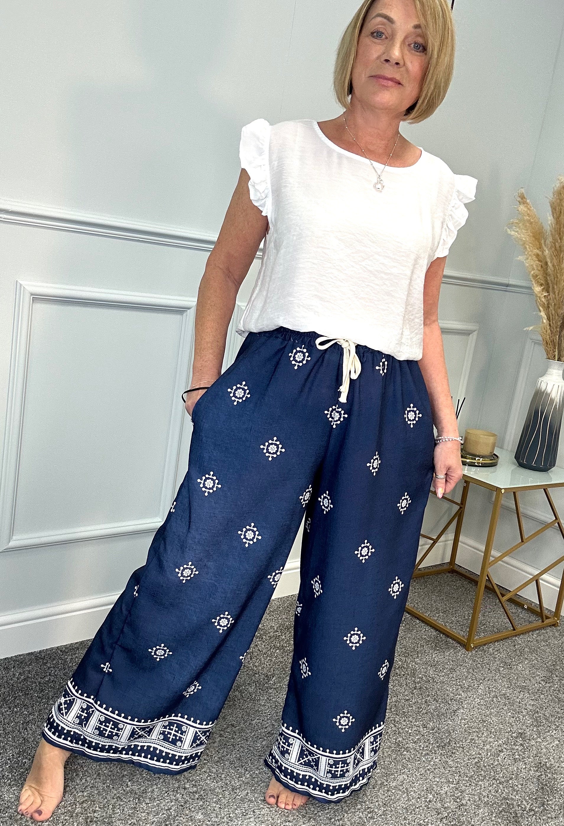 Danica Boho Border Print Wide Leg Trousers 8-16 Navy - Susie's Boutique