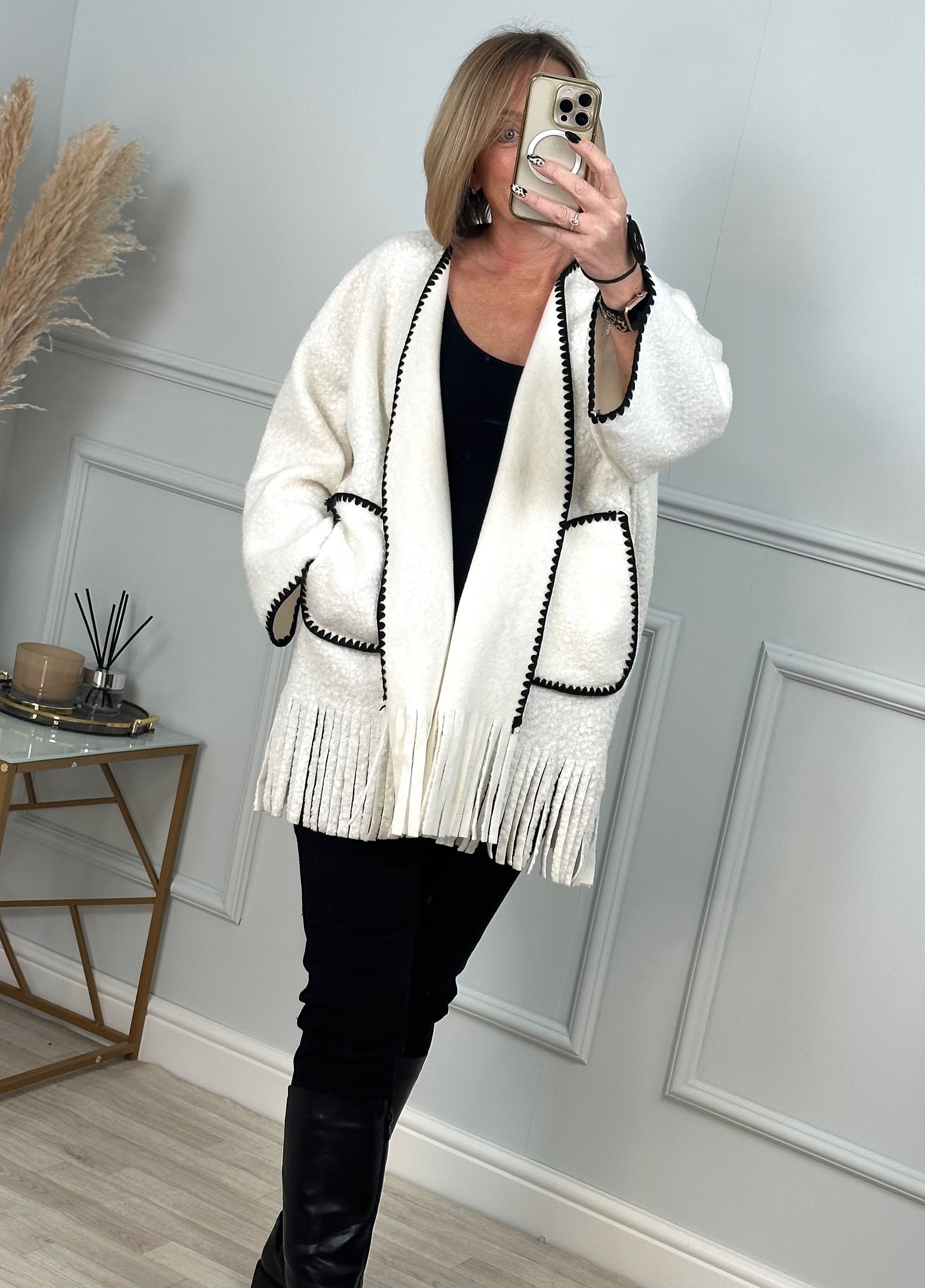 Caterina Boucle Tassel Contrast Coatigan Jacket  White - Susie's Boutique