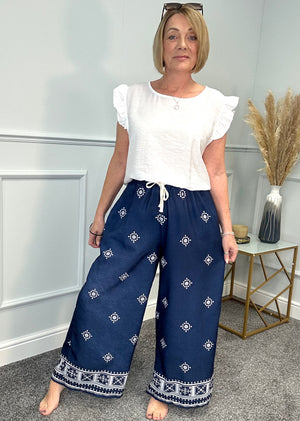 Danica Boho Border Print Wide Leg Trousers 8-16 Navy - Susie's Boutique