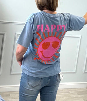 The Maya Retro Boyfriend Fit 'Happy' Graphic T-Shirt - One Size (Fits 8-14) Blue