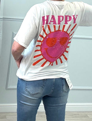 The Maya Retro Boyfriend Fit 'Happy' Graphic T-Shirt - One Size (Fits 8-14) White