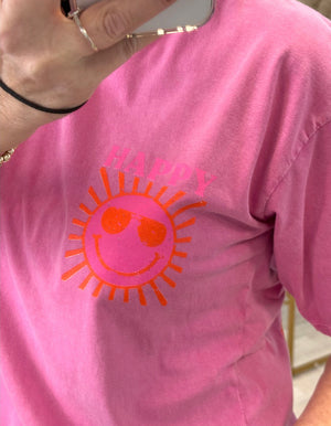 The Maya Retro Boyfriend Fit 'Happy' Graphic T-Shirt - One Size (Fits 8-14) Pink