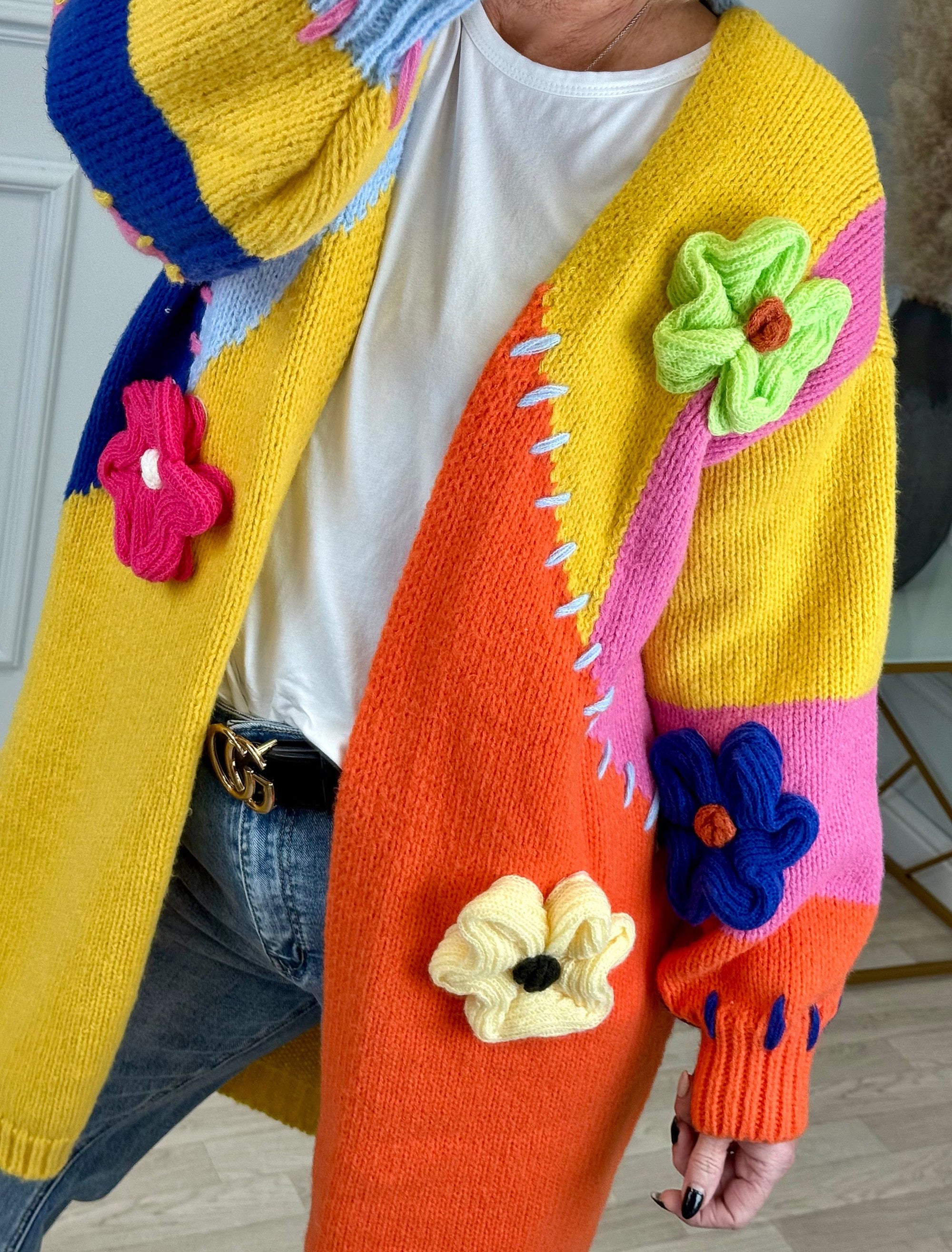 Marissa Colour Block Longline Cardigan with 3D Flowers 8-20