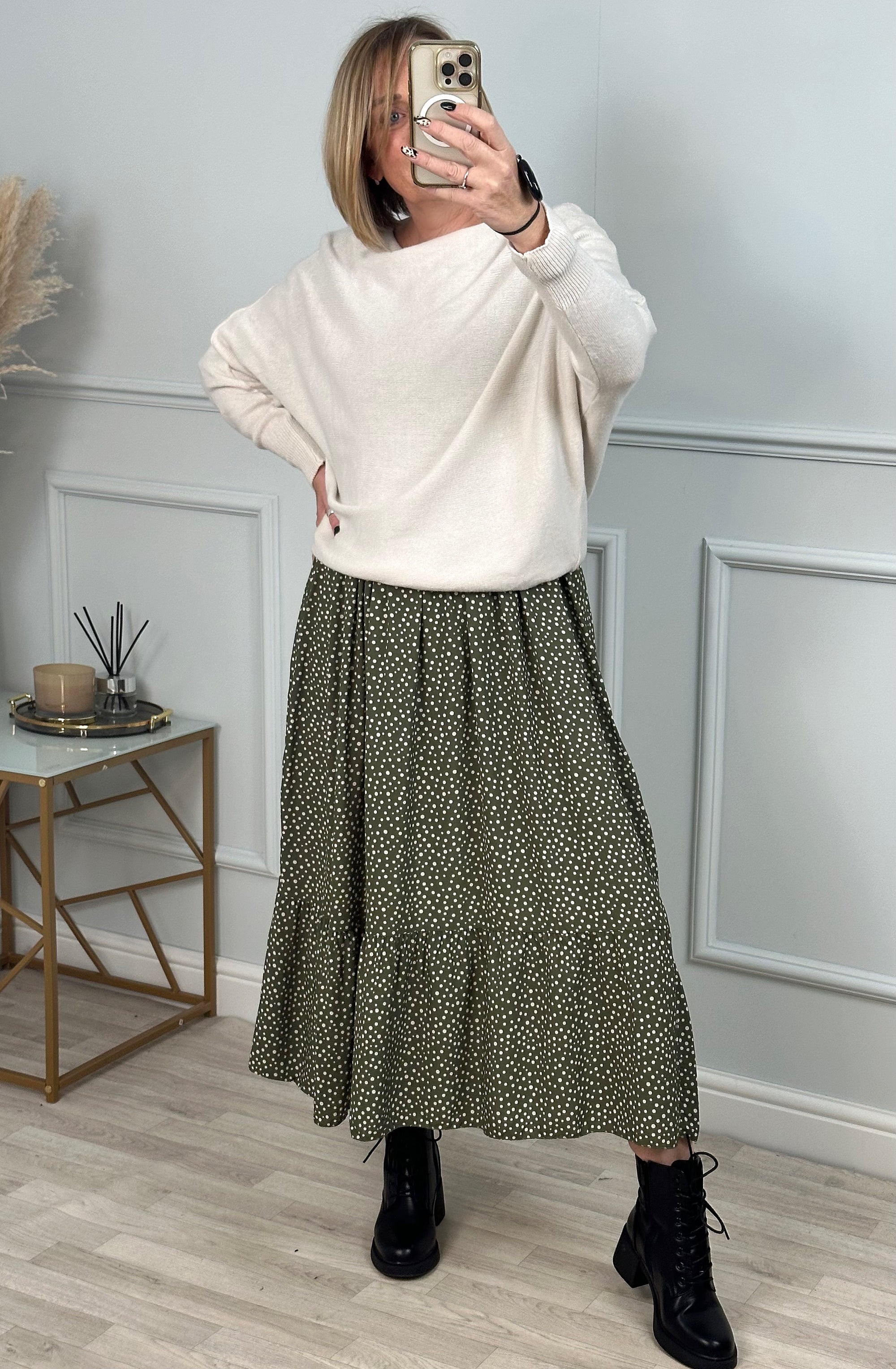 Leyla Sheered Polka Dress 10-16 Khaki - Susie's Boutique