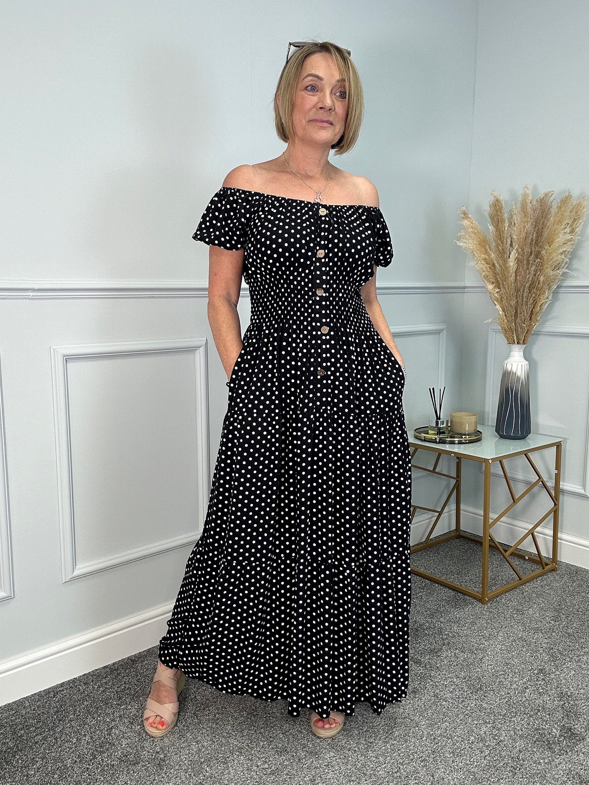 Polka Dot Magic Maxi Dress with pockets 8-18+ black - Susie's Boutique