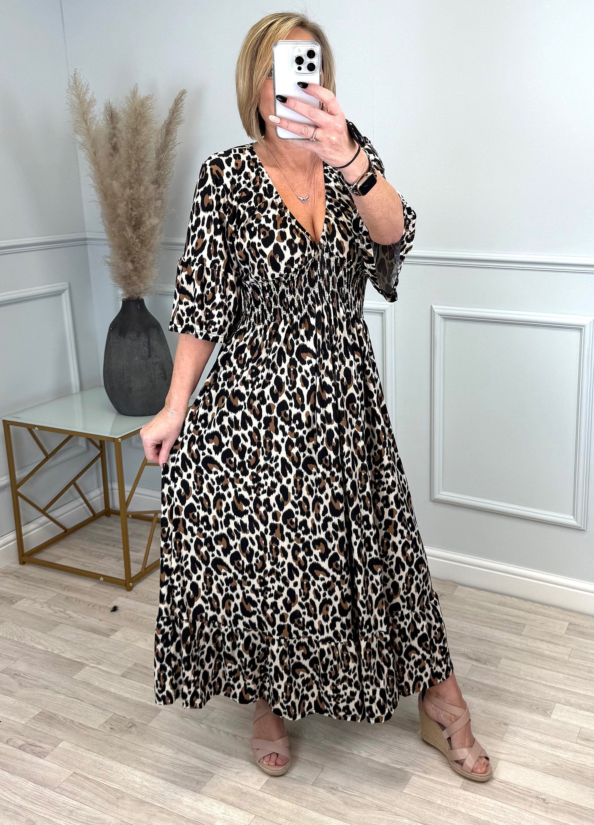 Azalea Leopard V-Neck Shirred Waist Midi Dress - Flowy & Elegant Design (Sizes 8-20)