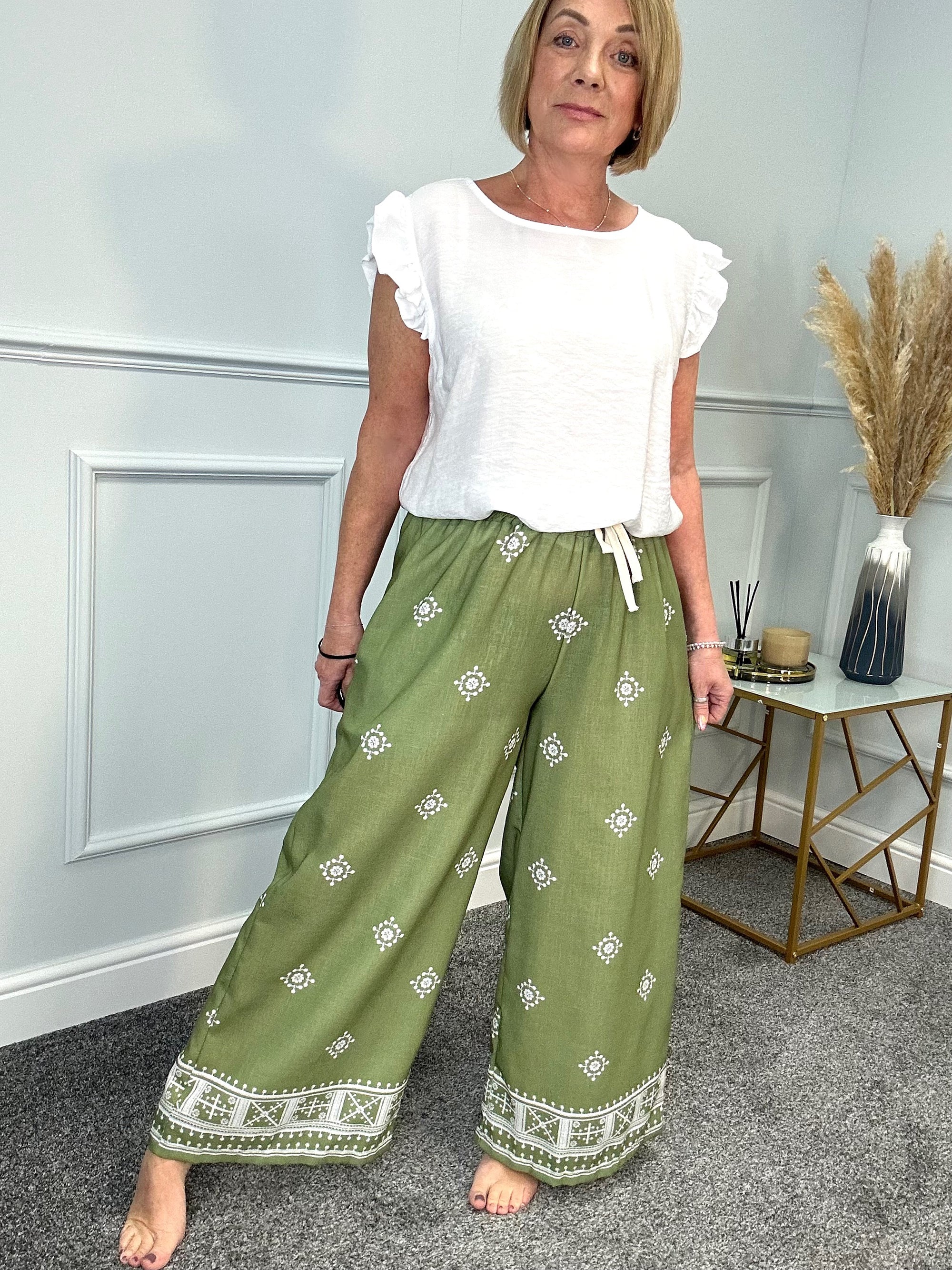 Danica Boho Border Print Wide Leg Trousers 8-16 Green - Susie's Boutique