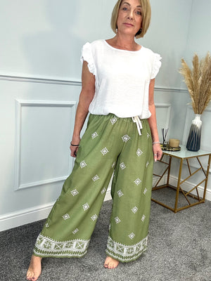 Danica Boho Border Print Wide Leg Trousers 8-16 Green - Susie's Boutique