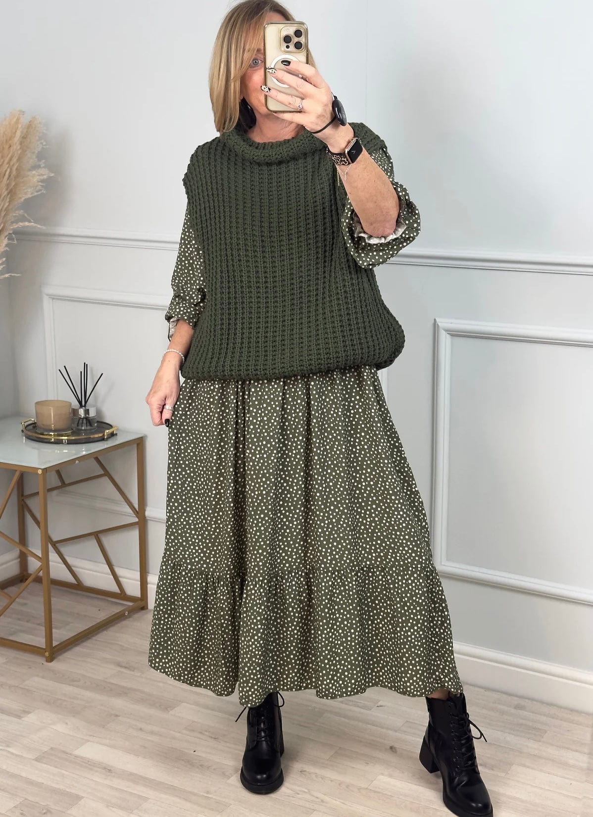 Leyla Sheered Polka Dress 10-16 Khaki