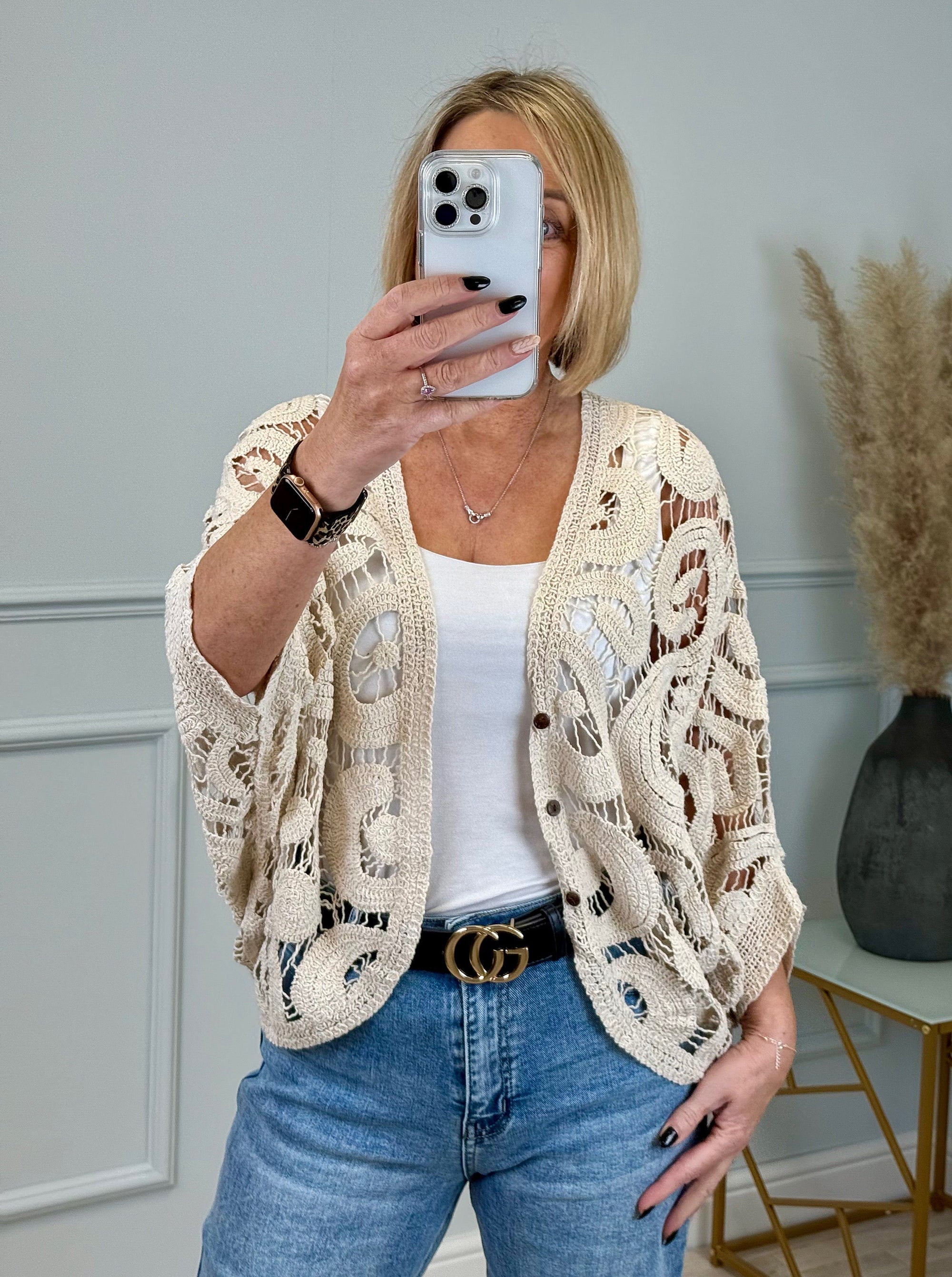 Freya Crochet Lace Cardigan - Lightweight Boho Knit Sand