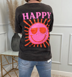 The Maya Retro Boyfriend Fit 'Happy' Graphic T-Shirt - One Size (Fits 8-14) Black