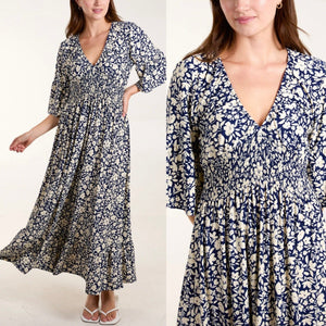 Azalea Flower V-Neck Shirred Waist Midi Dress Navy - Flowy & Elegant Design (Sizes 8-20)