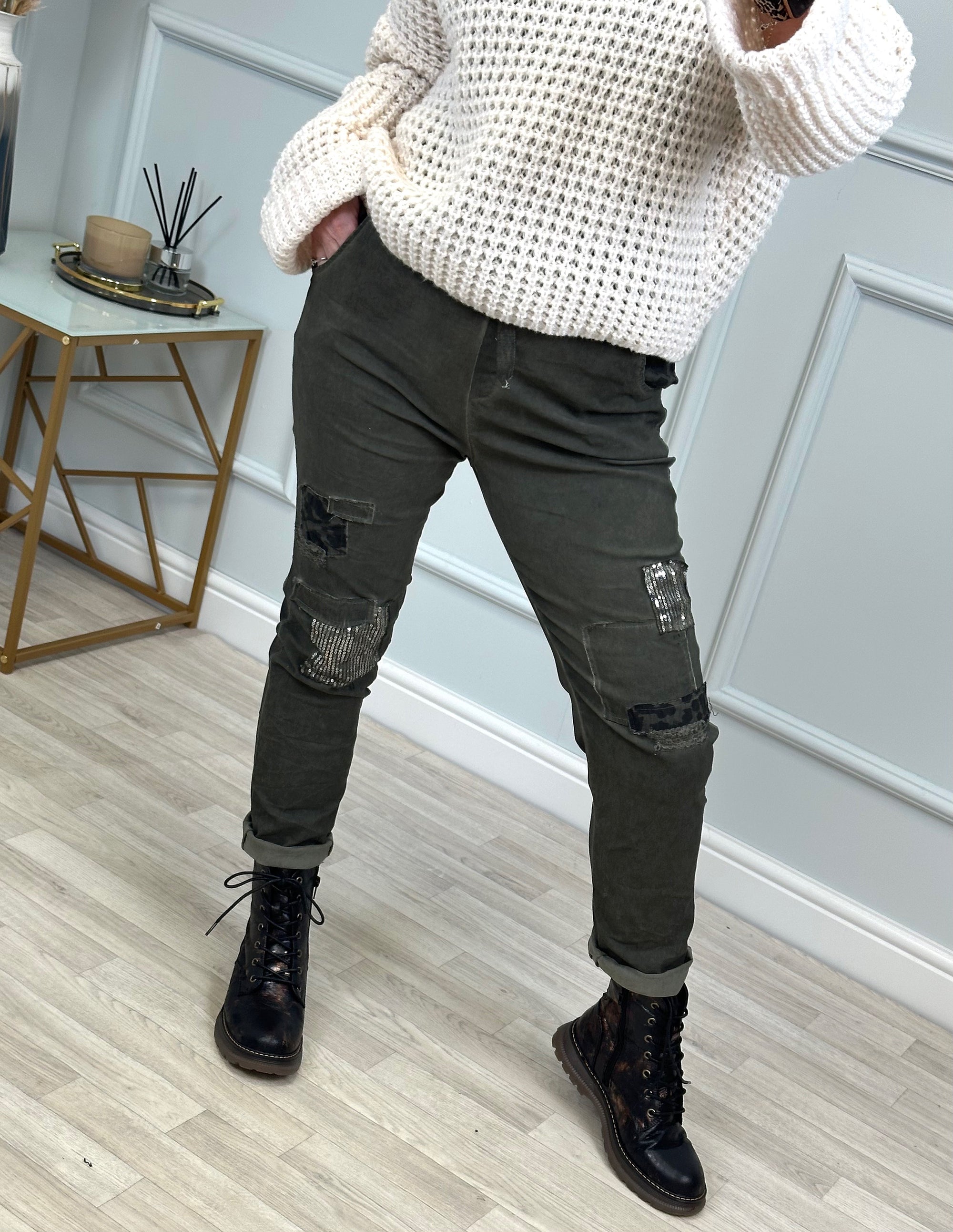 Ines Acid Wash Patchwork Magic Pants/Trousers 8-20 Khaki - Susie's Boutique