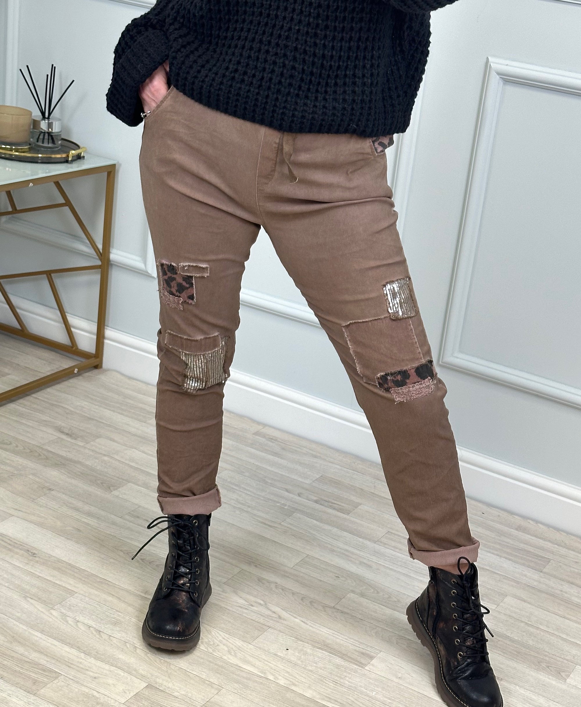 Ines Acid Wash Patchwork Magic Pants/Trousers 8-20 Mocha - Susie's Boutique