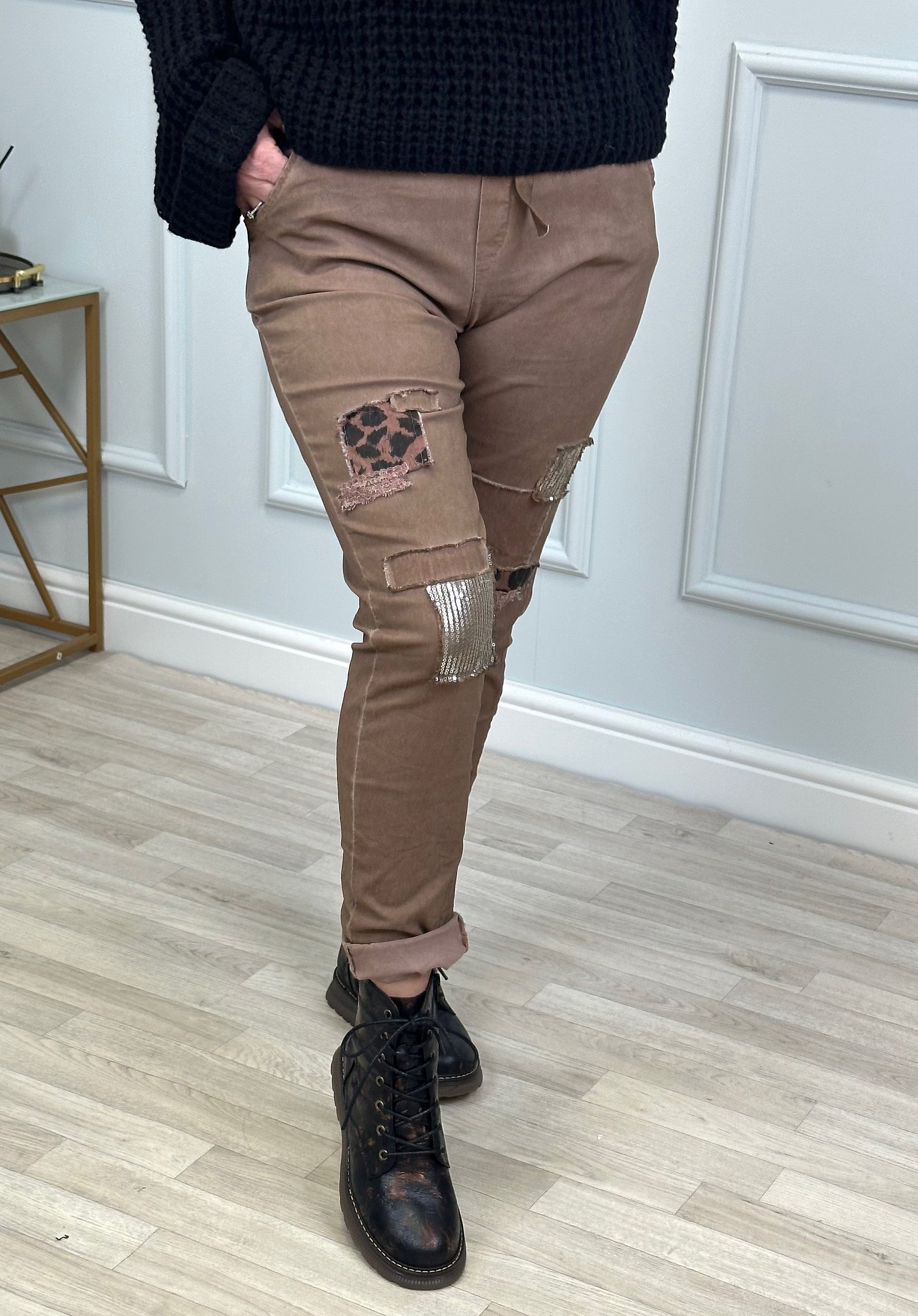 Ines Acid Wash Patchwork Magic Pants/Trousers 8-20 Mocha - Susie's Boutique