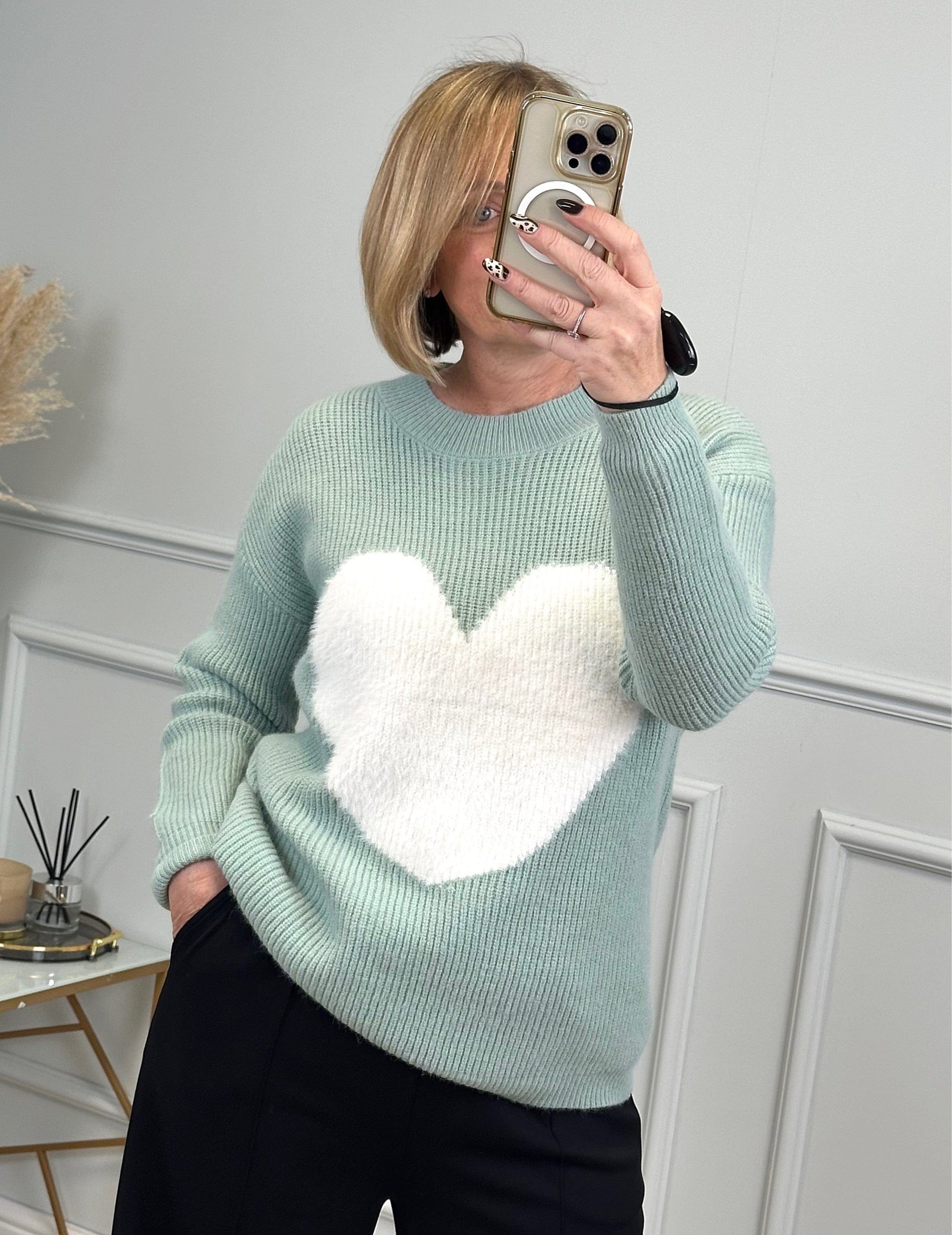 Valeria Fluffy Heart Jumper 8-18 Green