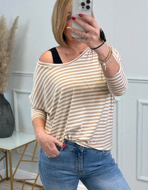 Hallie Scoop Hem Stripe Jersey Top - Size Inclusive (8-20) Sand