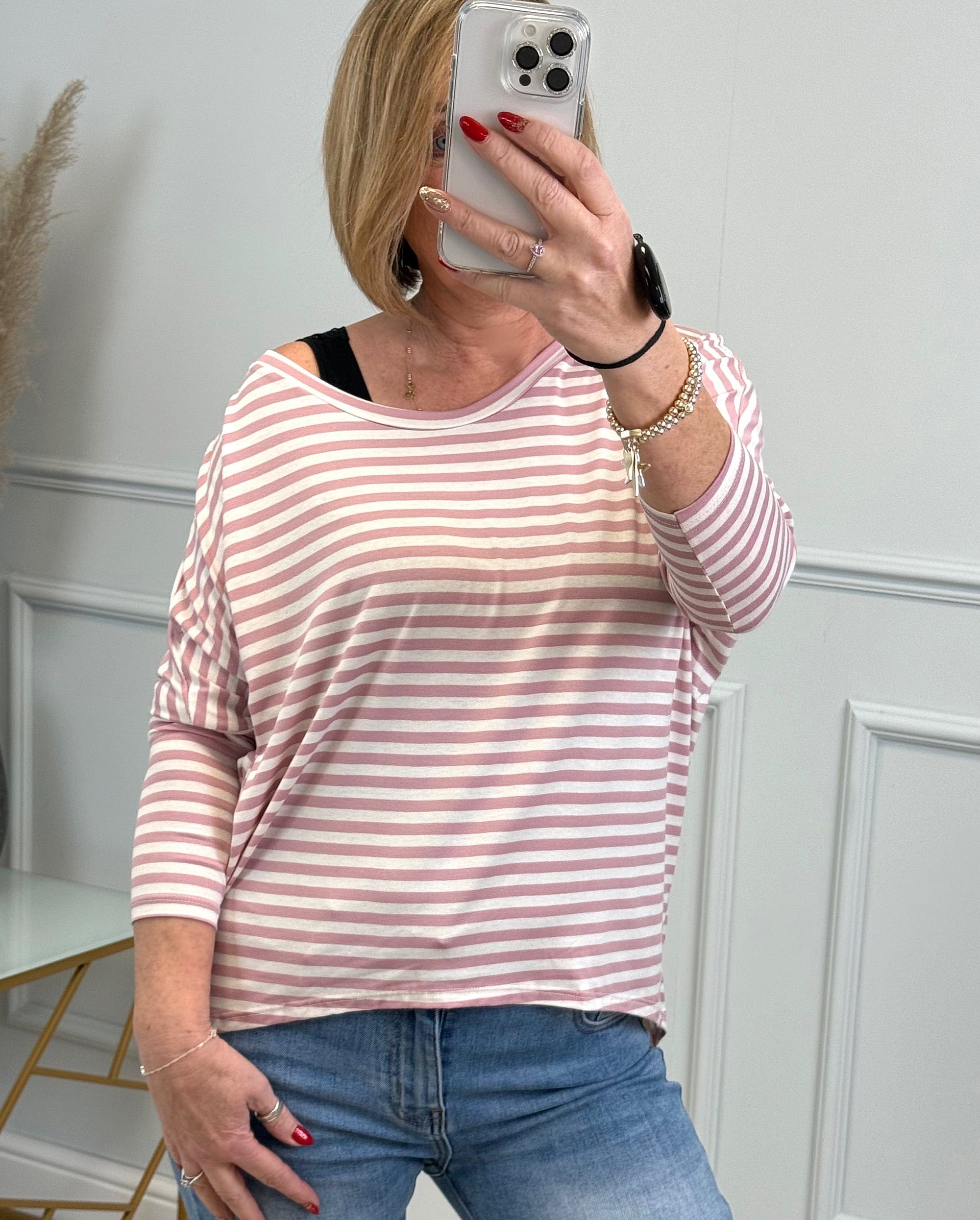 Hallie Scoop Hem Stripe Jersey Top - Size Inclusive (8-20) Pink