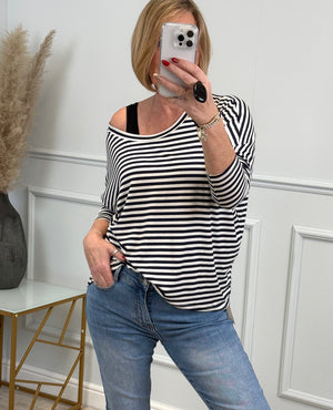 Hallie Scoop Hem Stripe Jersey Top - Size Inclusive (8-20) Navy