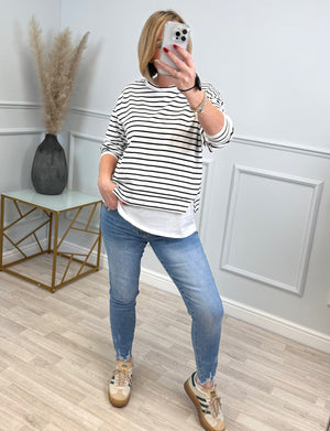 The Clara Stripe Long-Sleeve Top with Layering Detail | Sizes 8-18 Black