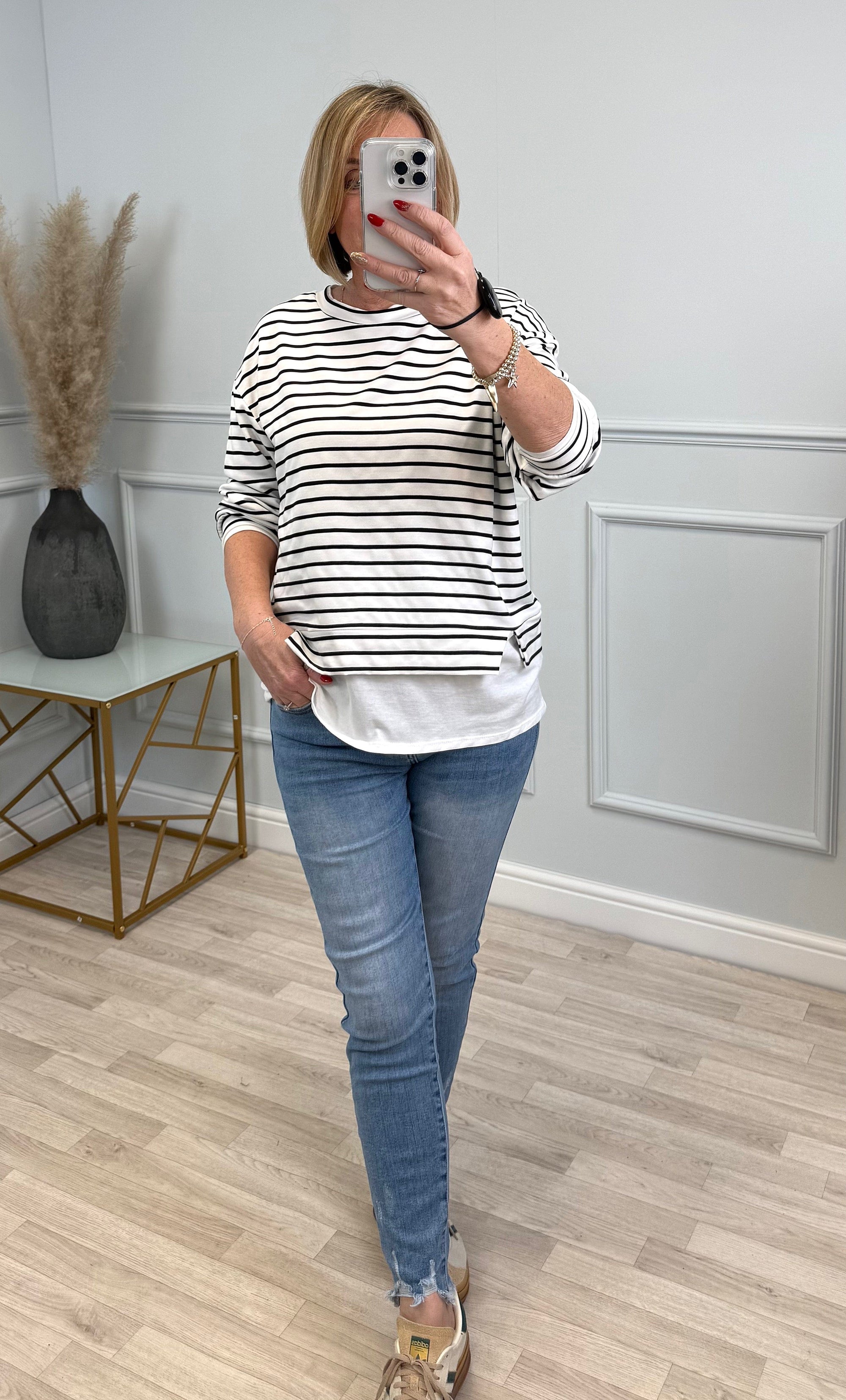 The Clara Stripe Long-Sleeve Top with Layering Detail | Sizes 8-18 Black