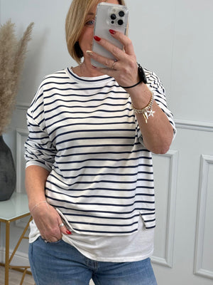 The Clara Stripe Long-Sleeve Top with Layering Detail | Sizes 8-18 Navy