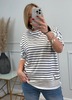 The Clara Stripe Long-Sleeve Top with Layering Detail | Sizes 8-18 Navy