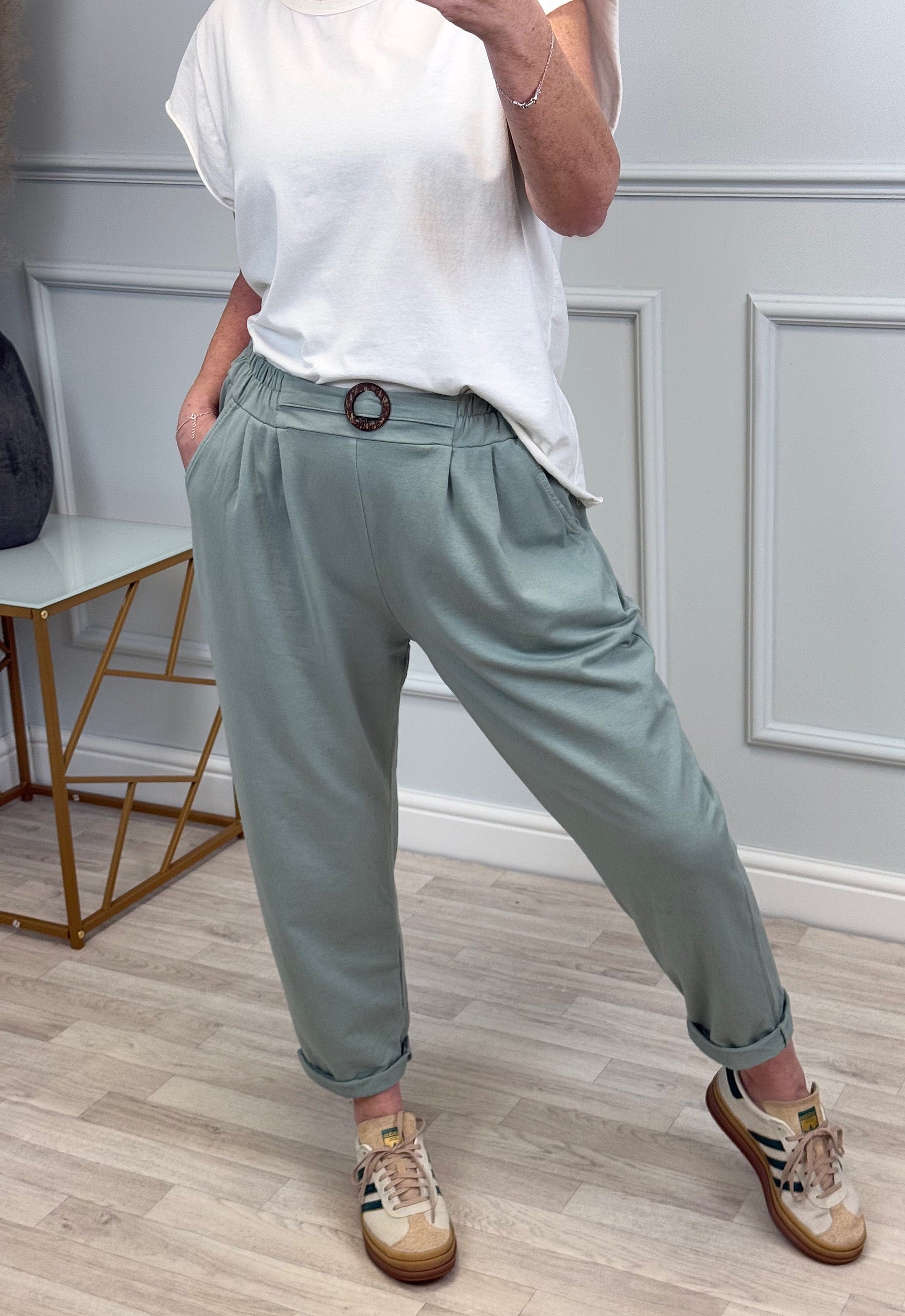 Isla Joggers Sweatpants With Buckle Detail – Sizes 8-18 Sage