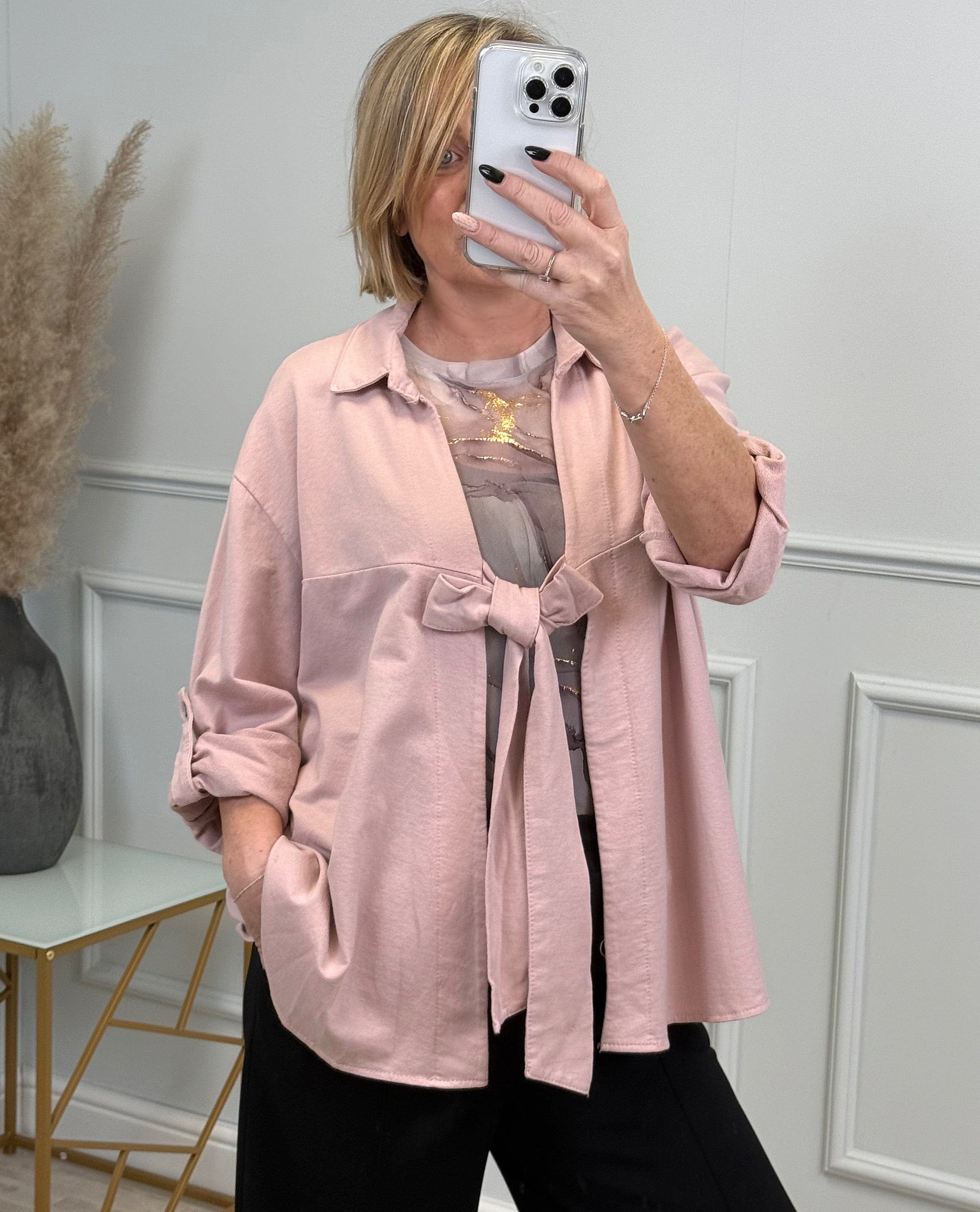 Eliza Tie-Front Lightweight Jacket with Roll-Up Sleeves 10-20 Pink