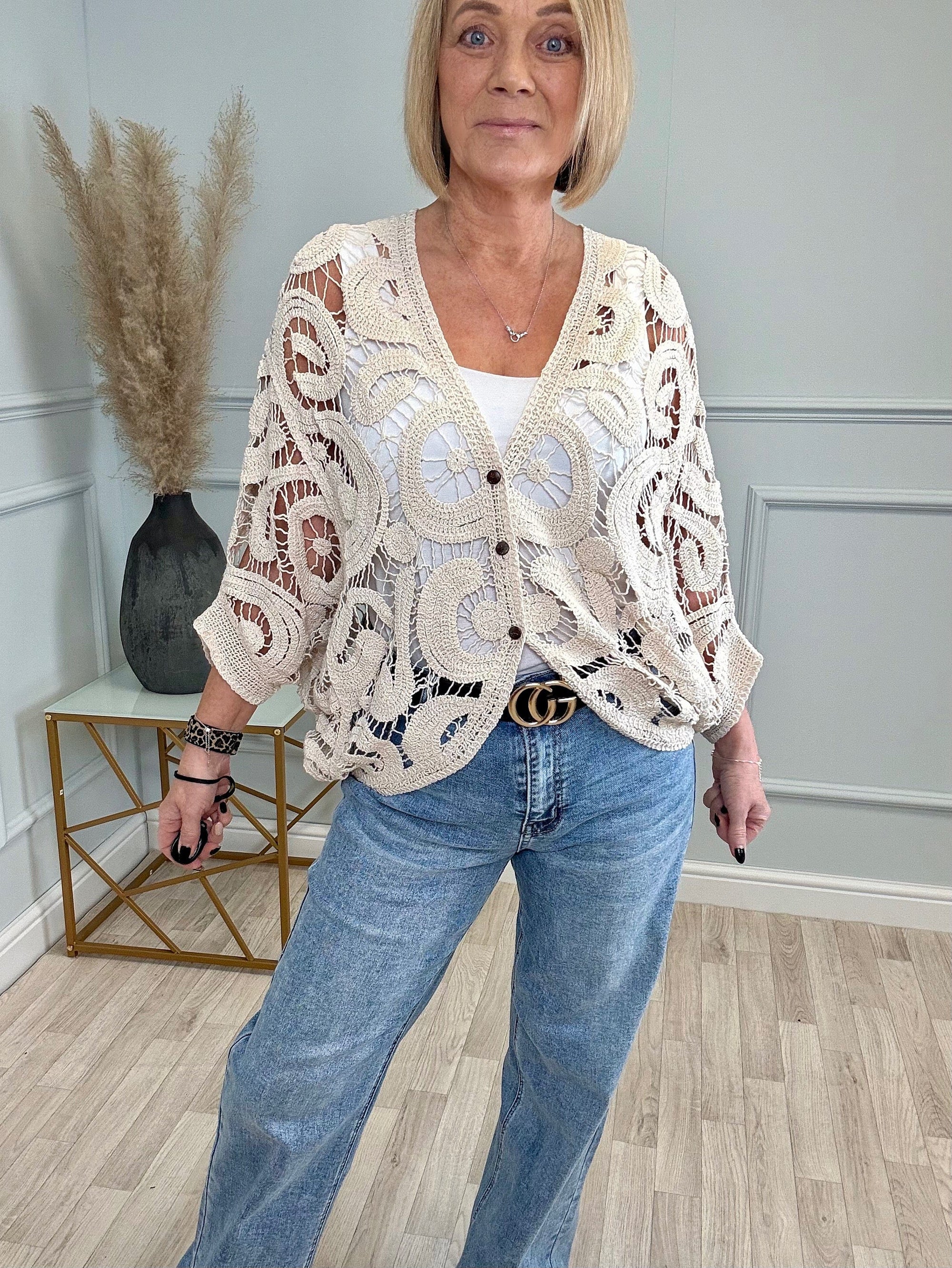 Freya Crochet Lace Cardigan - Lightweight Boho Knit Sand