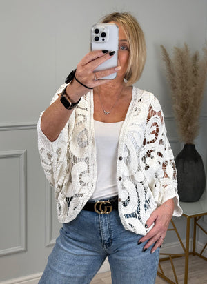 Freya Crochet Lace Cardigan - Lightweight Boho Knit White