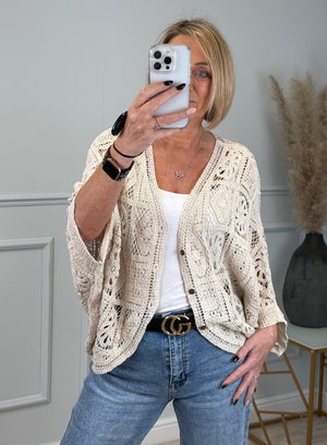 Maeve Oversized Intricate Knit Crochet Button-Up Cardigan - Boho Flair Sand