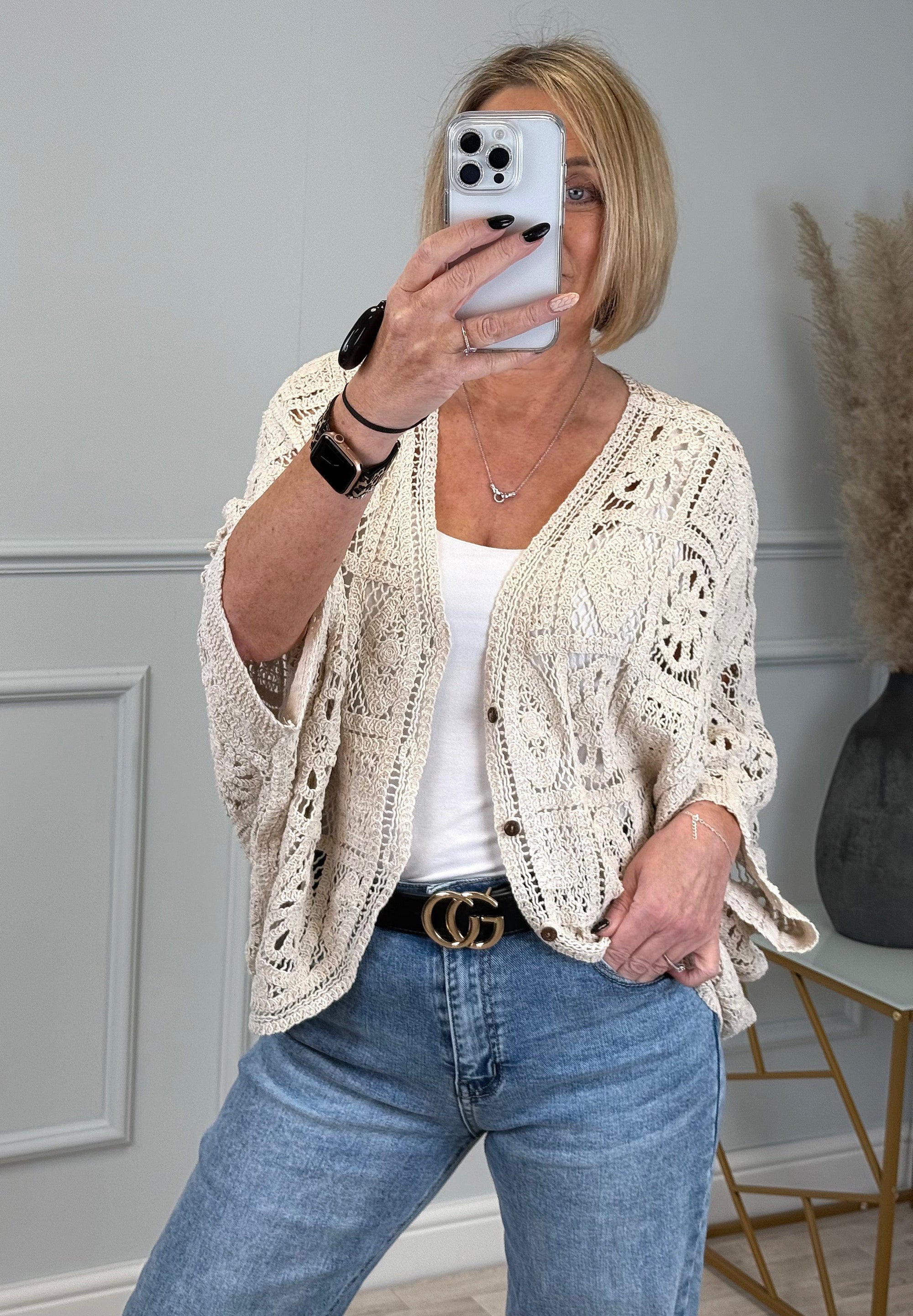 Maeve Oversized Intricate Knit Crochet Button-Up Cardigan - Boho Flair Sand