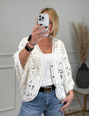 Maeve Oversized Intricate Knit Crochet Button-Up Cardigan - Boho Flair White