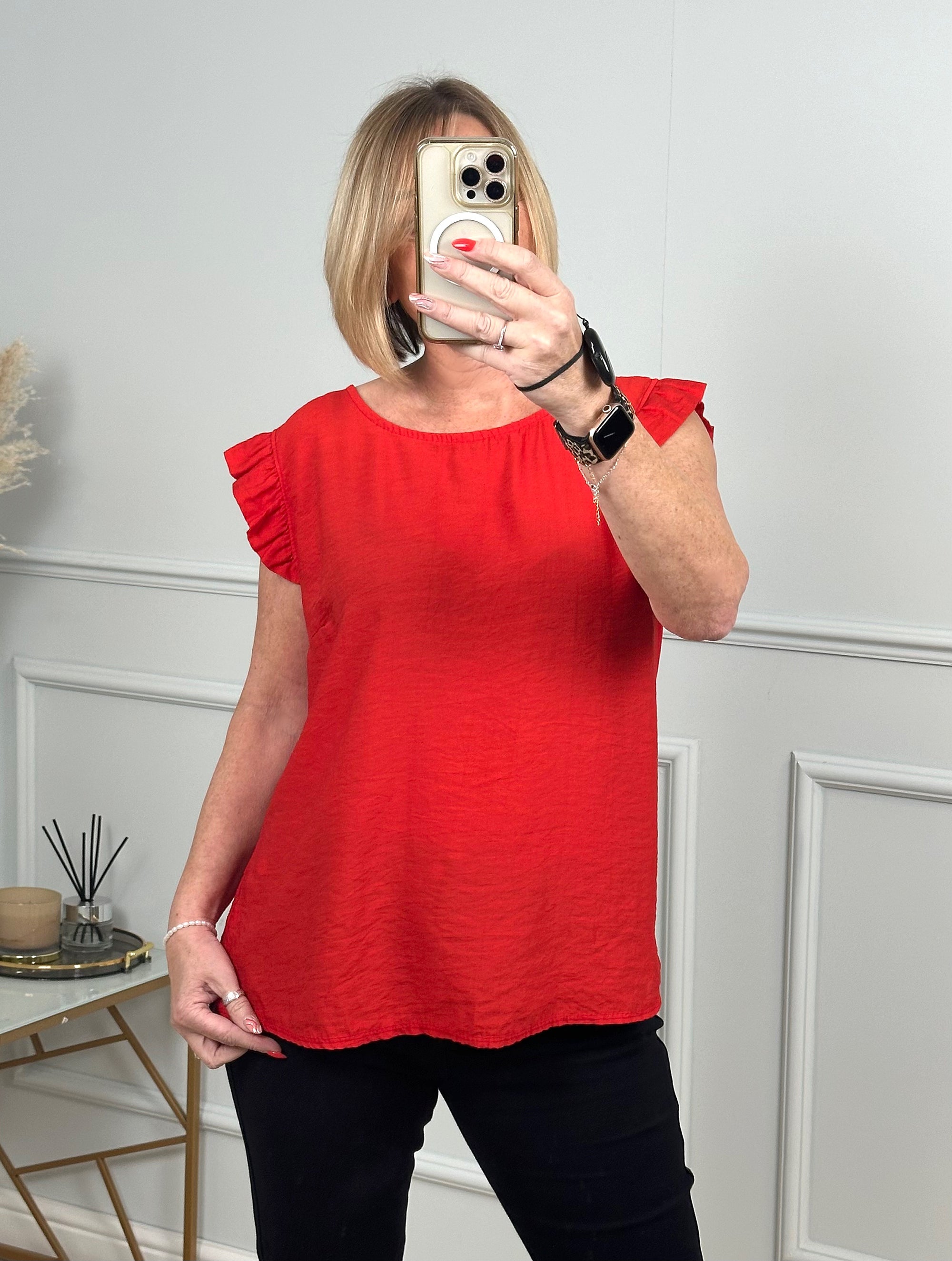 Grace Frill Sleeve Button Back Top 8-16 Red - Susie's Boutique