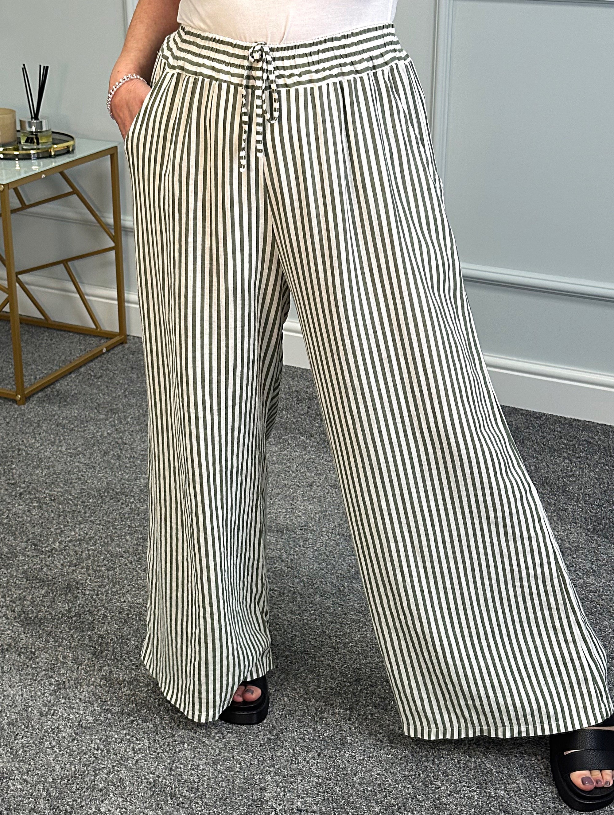 Gia Striped Wide Leg Linen Pants 8-18 
Khaki - Susie's Boutique