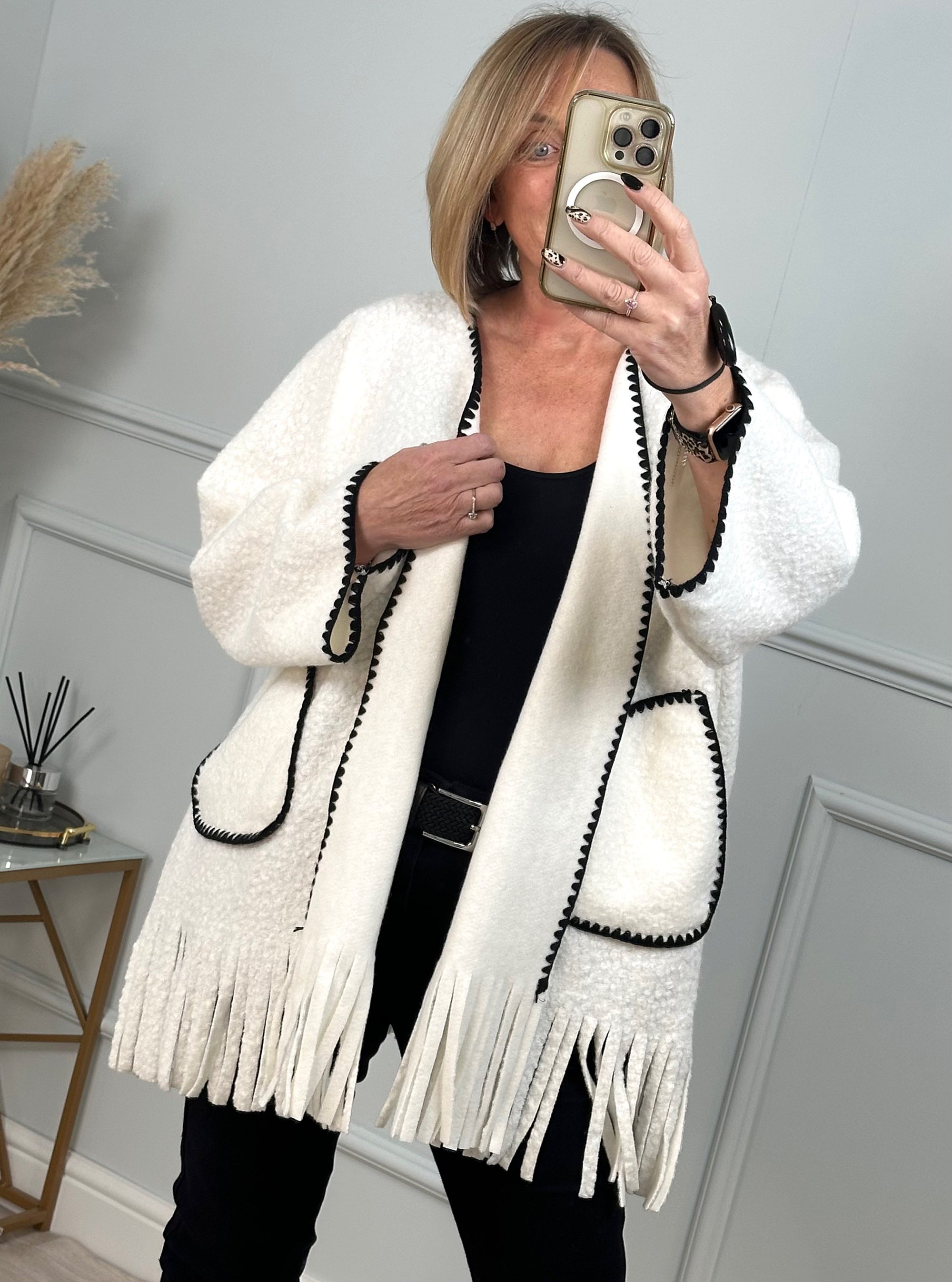 Caterina Boucle Tassel Contrast Coatigan Jacket  White - Susie's Boutique