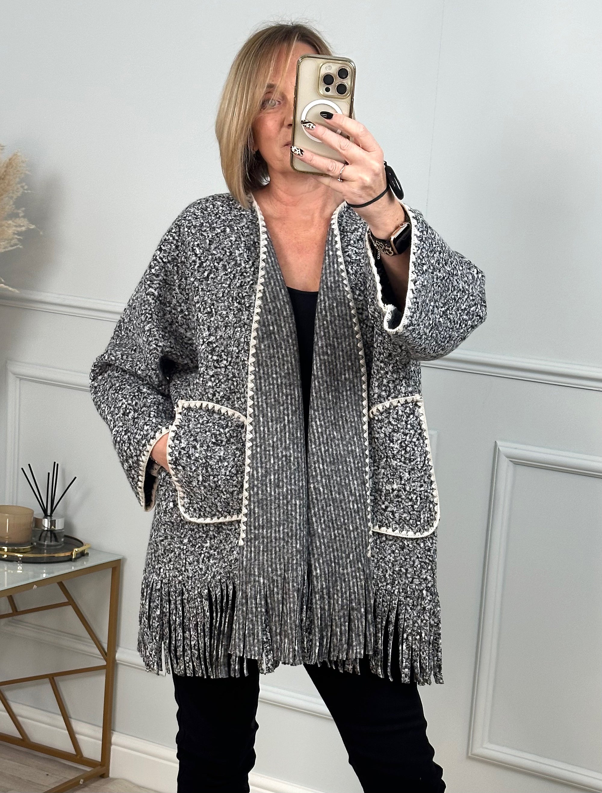 Caterina Boucle Tassel Contrast Coatigan Jacket  Grey - Susie's Boutique