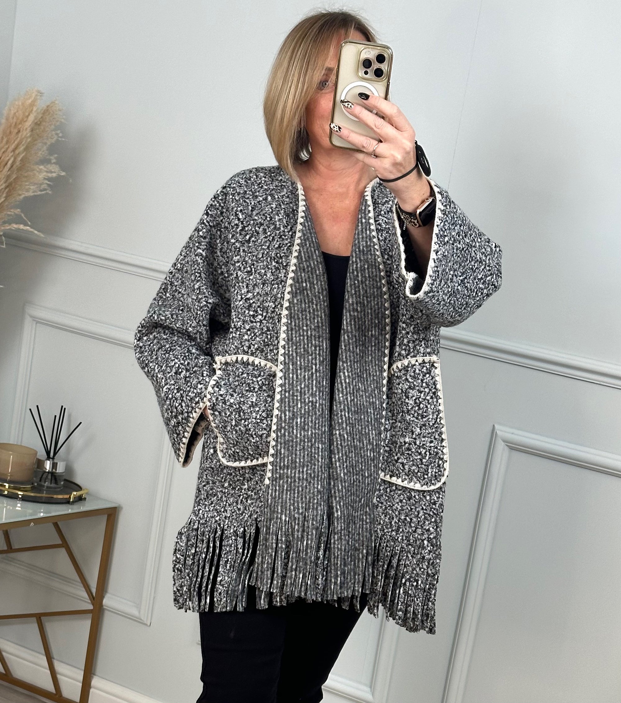 Caterina Boucle Tassel Contrast Coatigan Jacket  Grey - Susie's Boutique