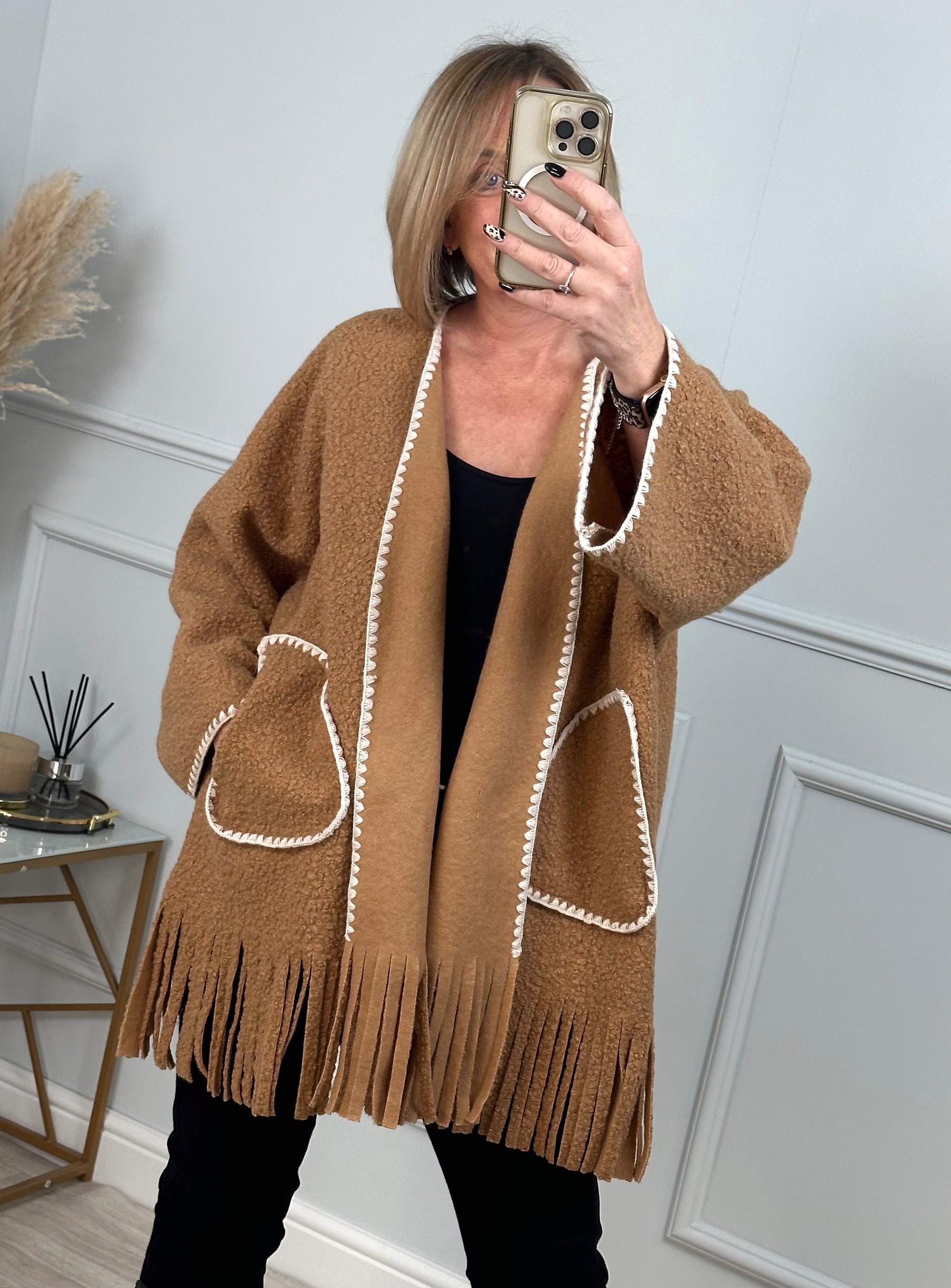 Caterina Boucle Tassel Contrast Coatigan Jacket  Camel - Susie's Boutique