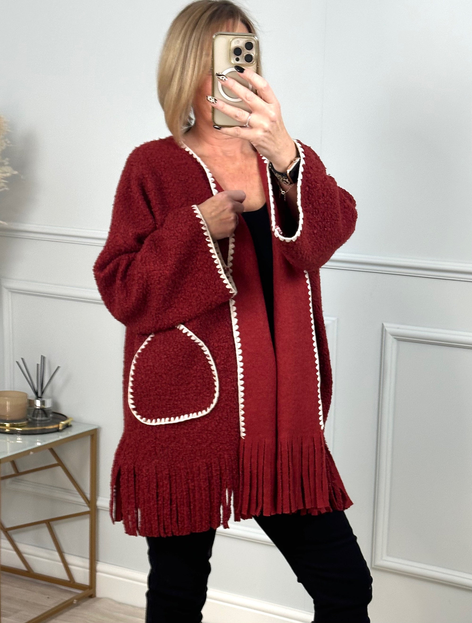 Caterina Boucle Tassel Contrast Coatigan Jacket  Berry - Susie's Boutique