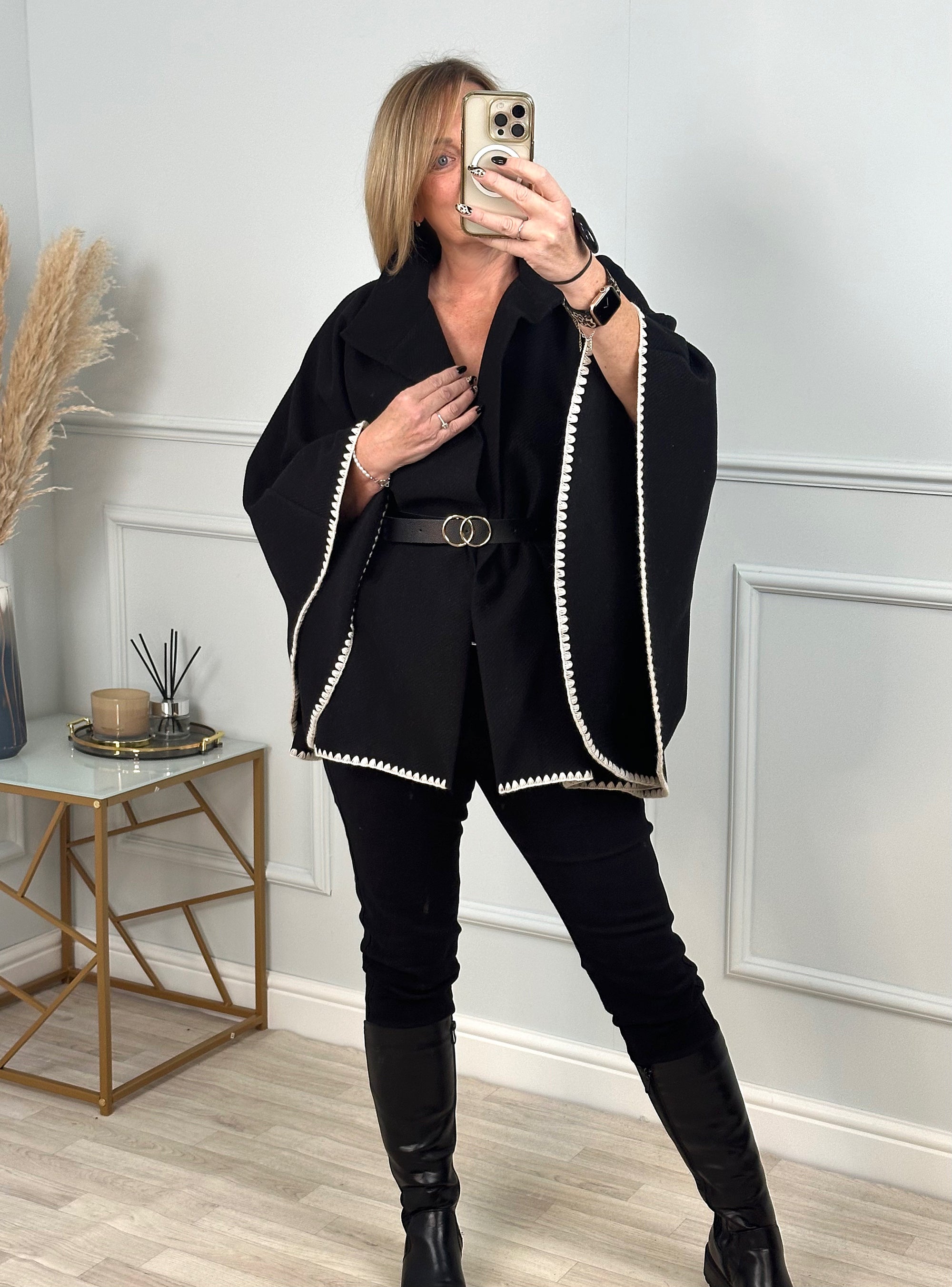 Lucinda Belted Cape Black - Susie's Boutique